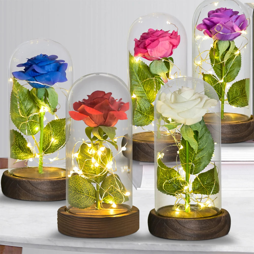 Artificial Flowers Eternal Rose In Glass Dome with Led Light Romantic Mother' Day Gifts for Women